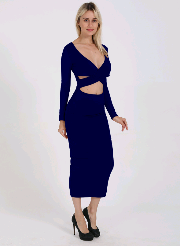 Vestido Justo de Manga Longa com Decote em V e Detalhes Vazados