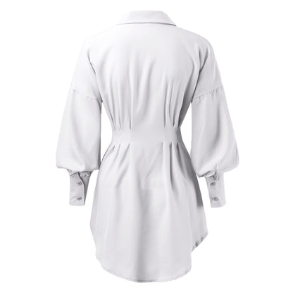 Vestido camiseiro assimétrico com mangas abalonadas para mulher