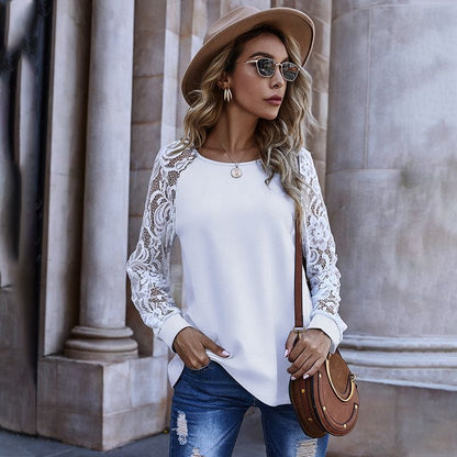 Suéter Feminino de Renda Vazada com Mangas Longas e Gola Redonda