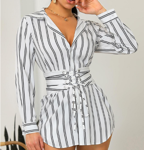 Vestido Camisa Listrado Casual de Manga Longa