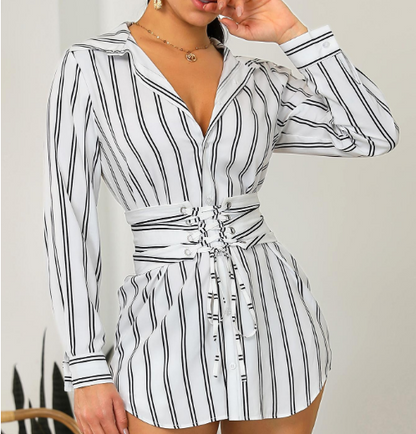 Vestido Camisa Listrado Casual de Manga Longa