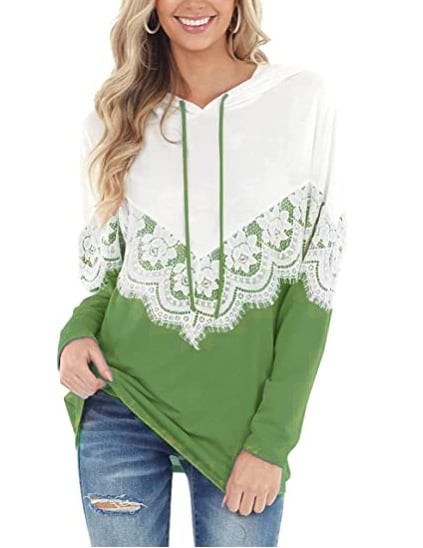 Camisola de mulher de manga comprida com detalhes em renda e blocos de cor