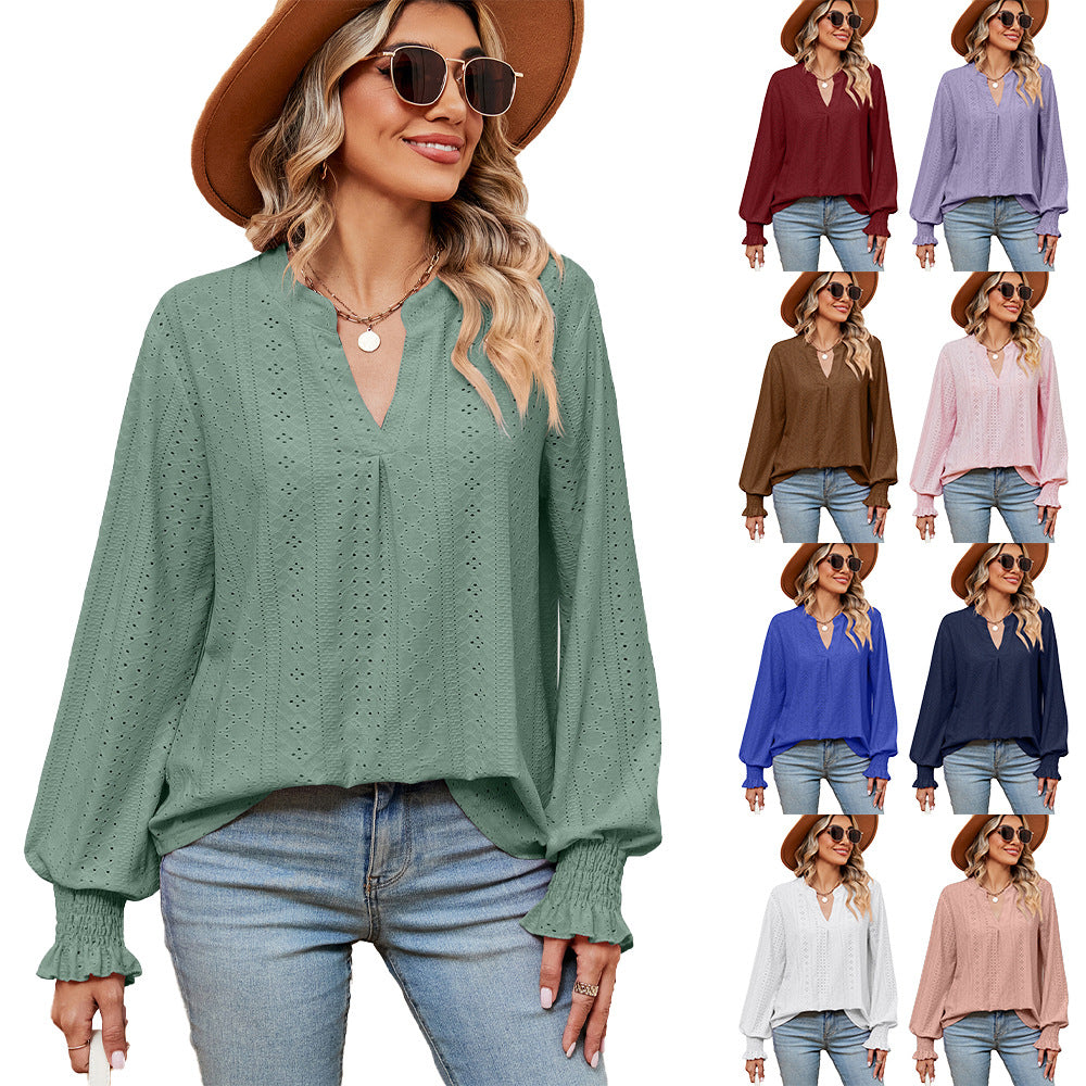 Camiseta Feminina Casual Solta com Decote V e Manga Longa