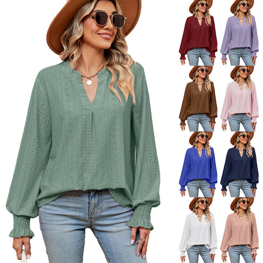 Camiseta Feminina Casual Solta com Decote V e Manga Longa