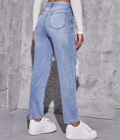Jeans de Cintura Alta e Pernas Largas Desgastados