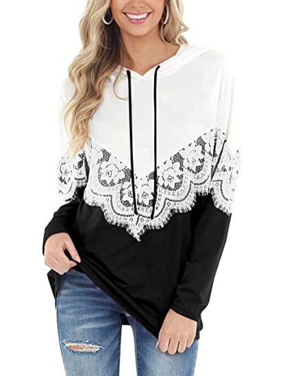 Camisola de mulher de manga comprida com detalhes em renda e blocos de cor