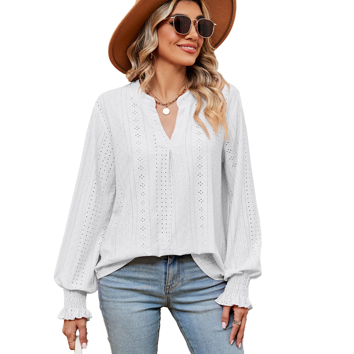 Camiseta Feminina Casual Solta com Decote V e Manga Longa