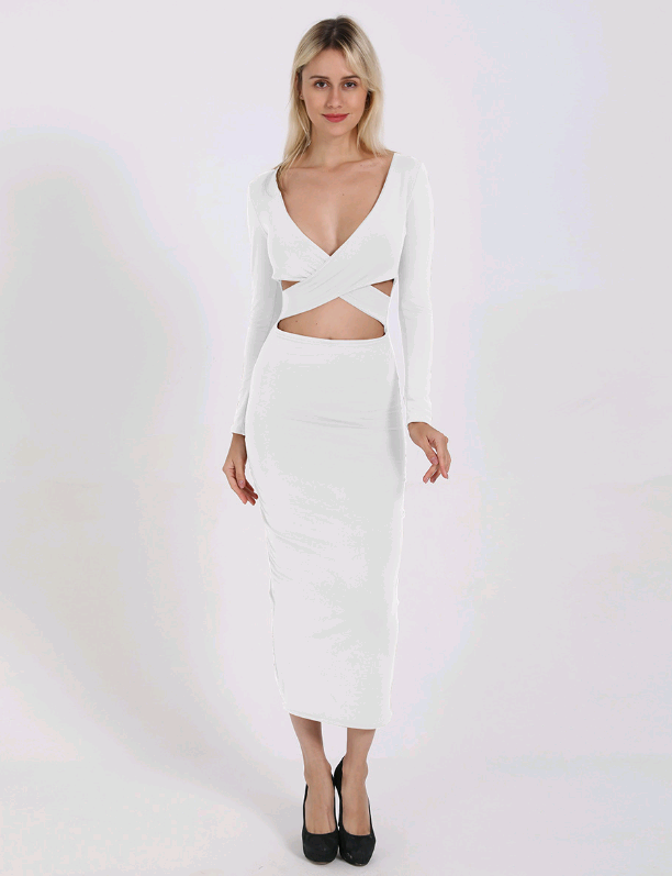 Vestido Justo de Manga Longa com Decote em V e Detalhes Vazados