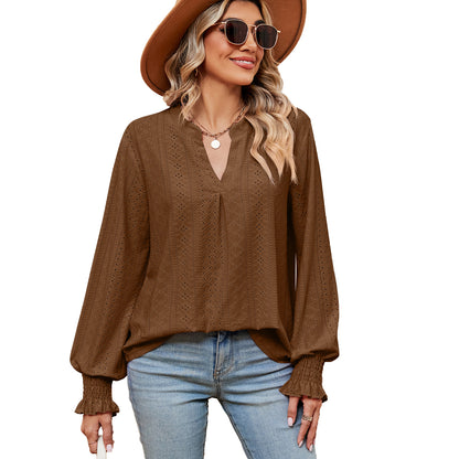 Camiseta Feminina Casual Solta com Decote V e Manga Longa