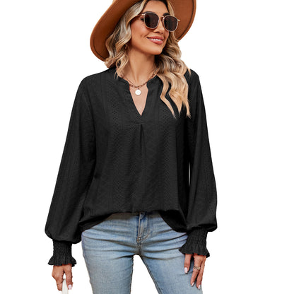 Camiseta Feminina Casual Solta com Decote V e Manga Longa