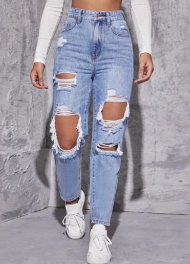 Jeans de Cintura Alta e Pernas Largas Desgastados
