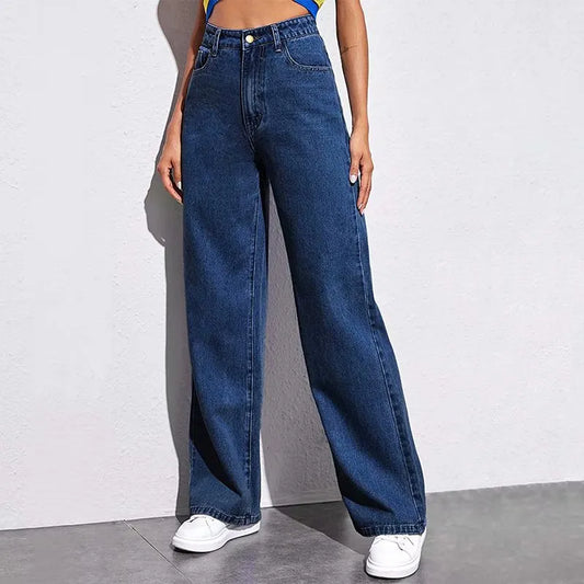 Calça Jeans de Cintura Alta e Perna Larga