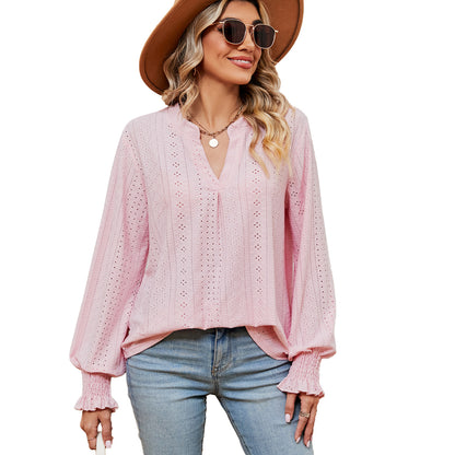 Camiseta Feminina Casual Solta com Decote V e Manga Longa