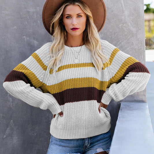 Suéter de Tricô Casual Solto com Bloco de Cores e Mangas Longas