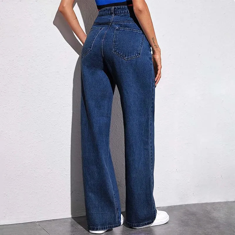 Calça Jeans de Cintura Alta e Perna Larga