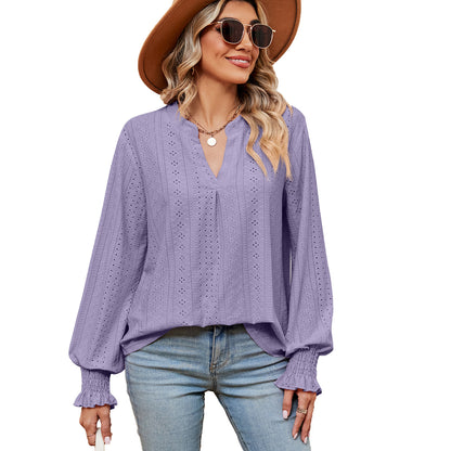 Camiseta Feminina Casual Solta com Decote V e Manga Longa