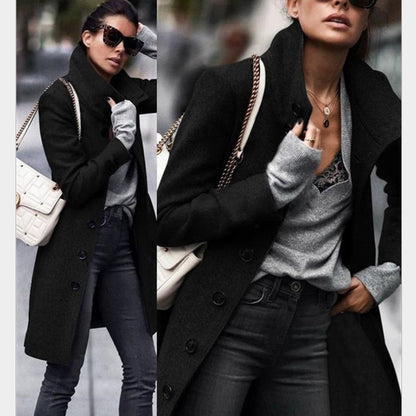 Casaco de Lã Longo com Botões para Outono Inverno