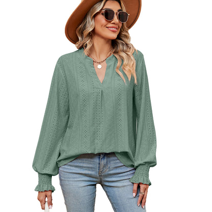 Camiseta Feminina Casual Solta com Decote V e Manga Longa