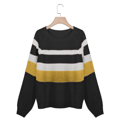 Suéter de Tricô Casual Solto com Bloco de Cores e Mangas Longas