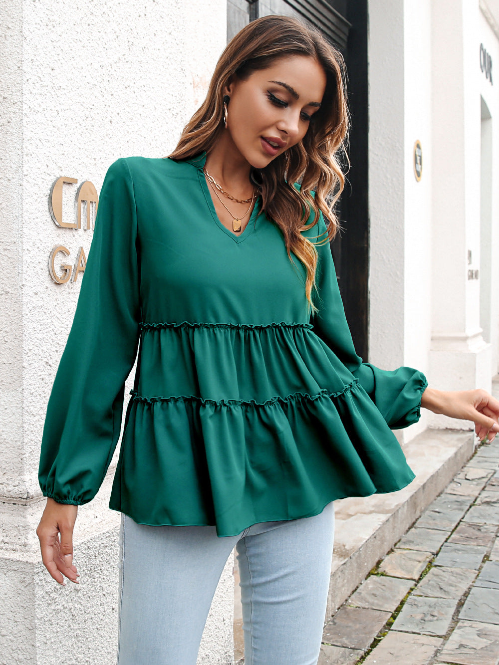 Blusa de Chiffon com Decote em V Outono/Inverno