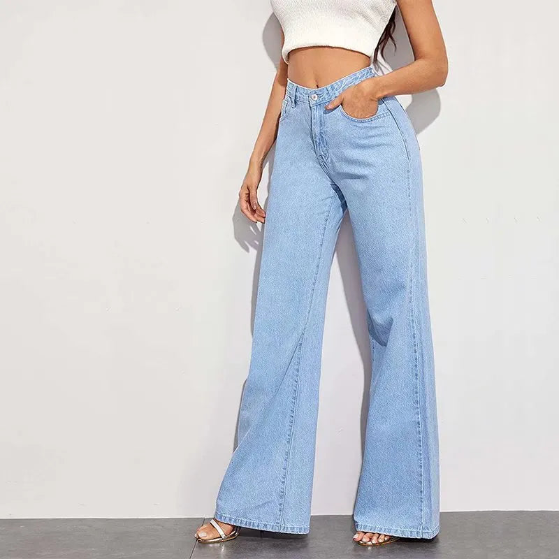 Calça Jeans de Cintura Alta e Perna Larga