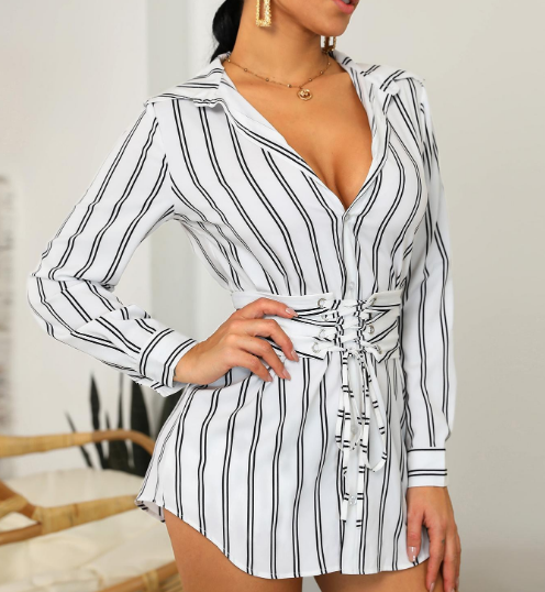 Vestido Camisa Listrado Casual de Manga Longa