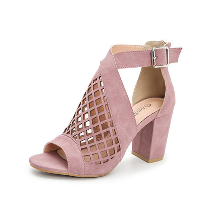 Sapatos Romanos com Fivela Oca e Salto Alto Grosso