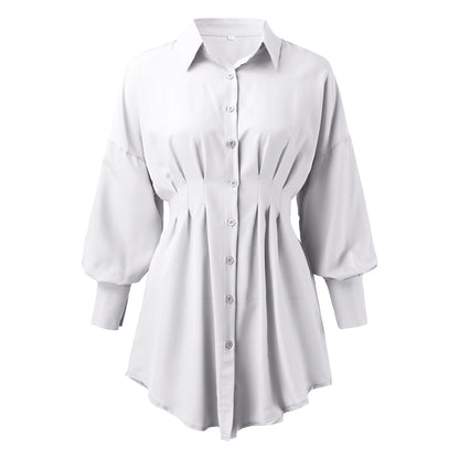 Vestido camiseiro assimétrico com mangas abalonadas para mulher