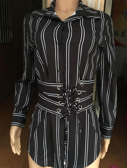 Vestido Camisa Listrado Casual de Manga Longa