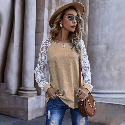 Suéter Feminino de Renda Vazada com Mangas Longas e Gola Redonda