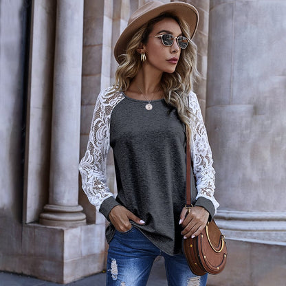 Suéter Feminino de Renda Vazada com Mangas Longas e Gola Redonda