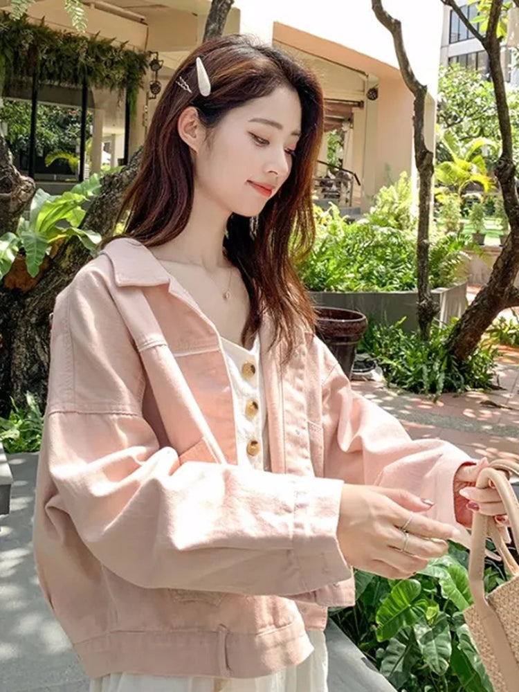 Casaco de ganga de mulher rosa de manga comprida para primavera e outono