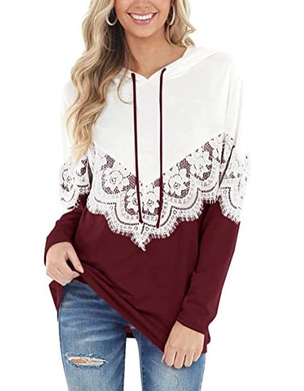 Camisola de mulher de manga comprida com detalhes em renda e blocos de cor