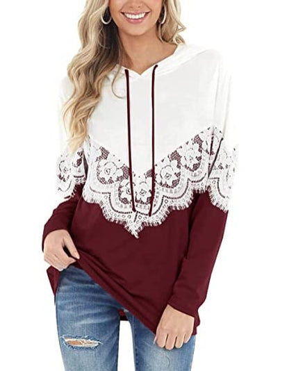 Camisola de mulher de manga comprida com detalhes em renda e blocos de cor