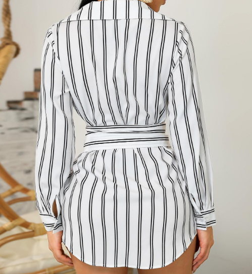 Vestido Camisa Listrado Casual de Manga Longa