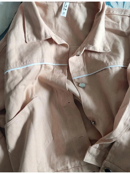Casaco de ganga de mulher rosa de manga comprida para primavera e outono