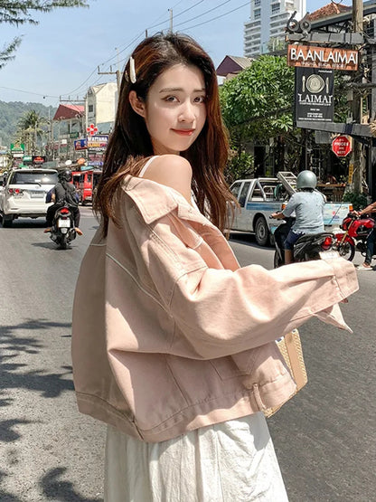 Casaco de ganga de mulher rosa de manga comprida para primavera e outono