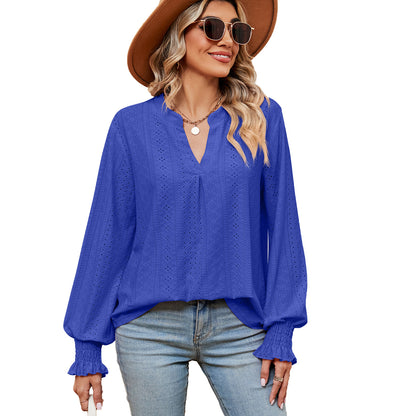 Camiseta Feminina Casual Solta com Decote V e Manga Longa