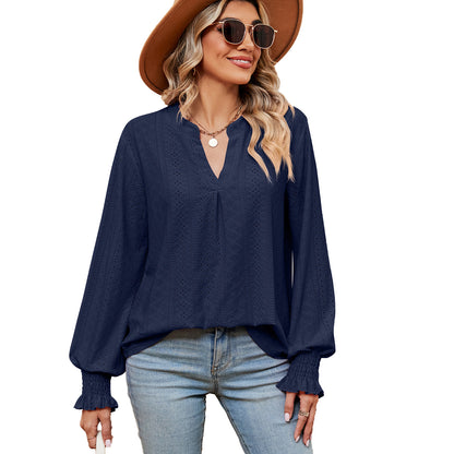 Camiseta Feminina Casual Solta com Decote V e Manga Longa