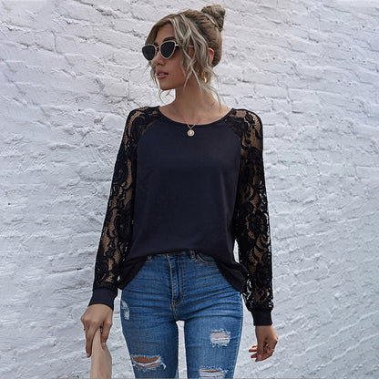 Suéter Feminino de Renda Vazada com Mangas Longas e Gola Redonda