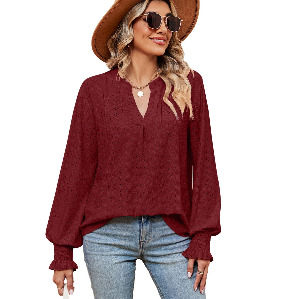 Camiseta Feminina Casual Solta com Decote V e Manga Longa