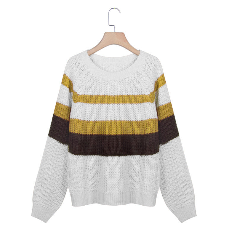 Suéter de Tricô Casual Solto com Bloco de Cores e Mangas Longas