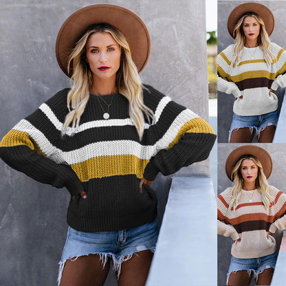 Suéter de Tricô Casual Solto com Bloco de Cores e Mangas Longas