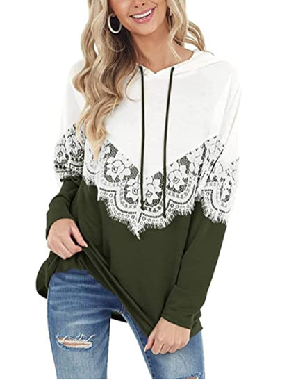 Camisola de mulher de manga comprida com detalhes em renda e blocos de cor