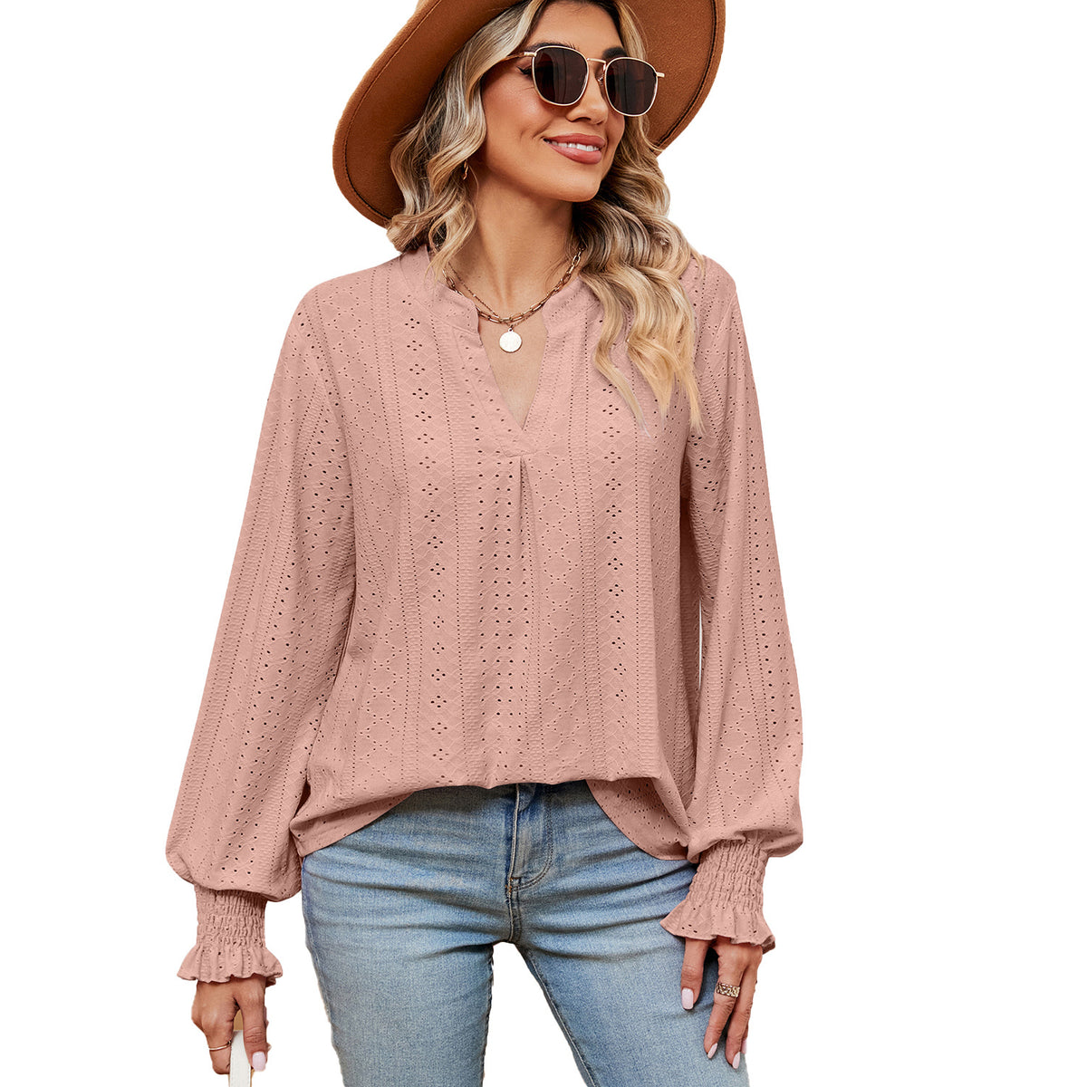 Camiseta Feminina Casual Solta com Decote V e Manga Longa