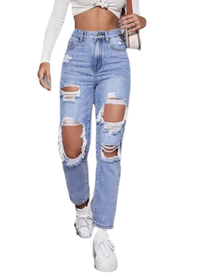 Jeans de Cintura Alta e Pernas Largas Desgastados