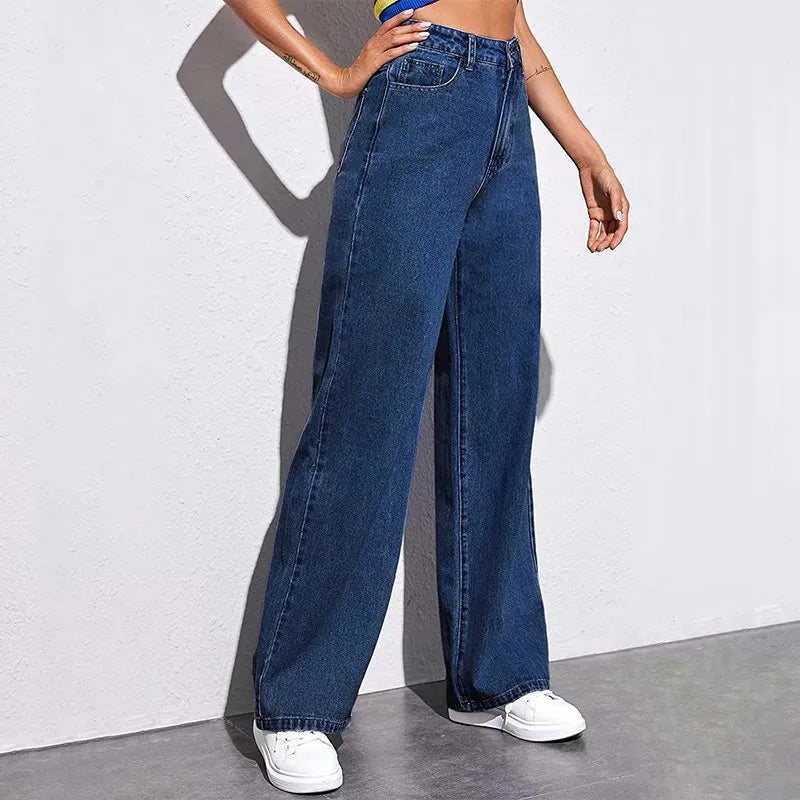 Calça Jeans de Cintura Alta e Perna Larga