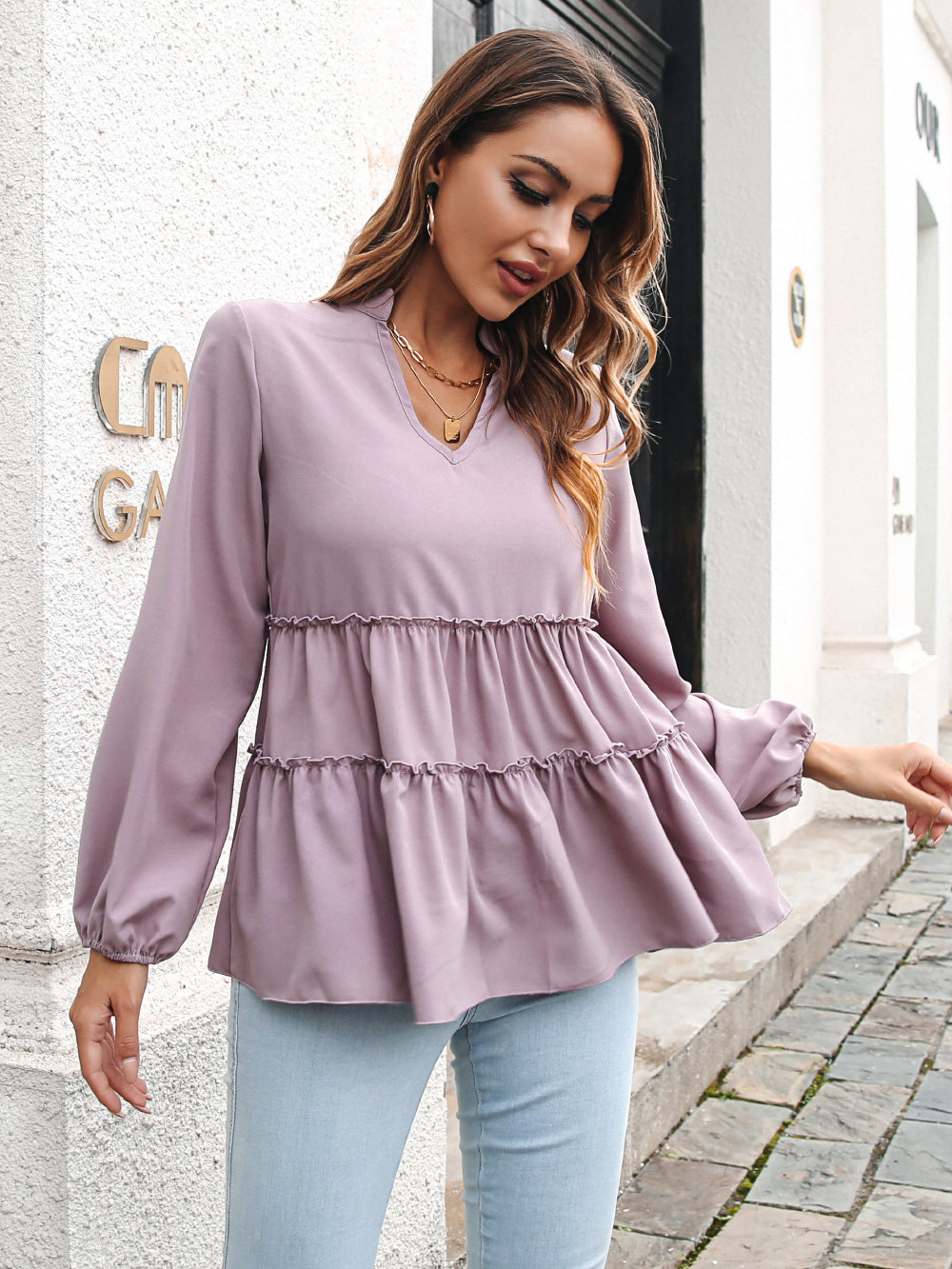 Blusa de Chiffon com Decote em V Outono/Inverno