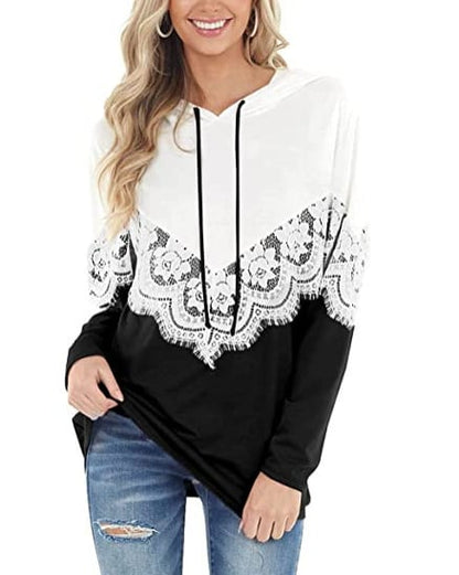 Camisola de mulher de manga comprida com detalhes em renda e blocos de cor