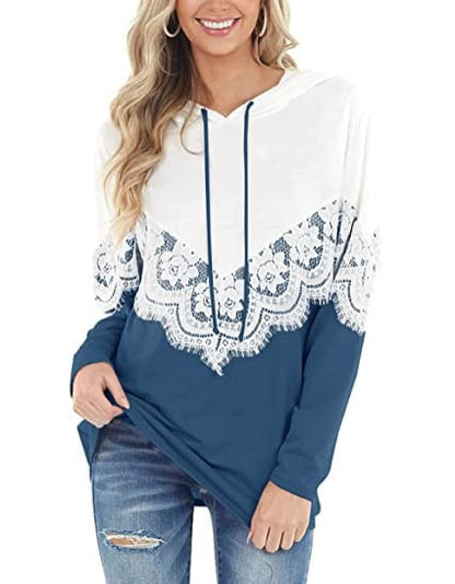 Camisola de mulher de manga comprida com detalhes em renda e blocos de cor